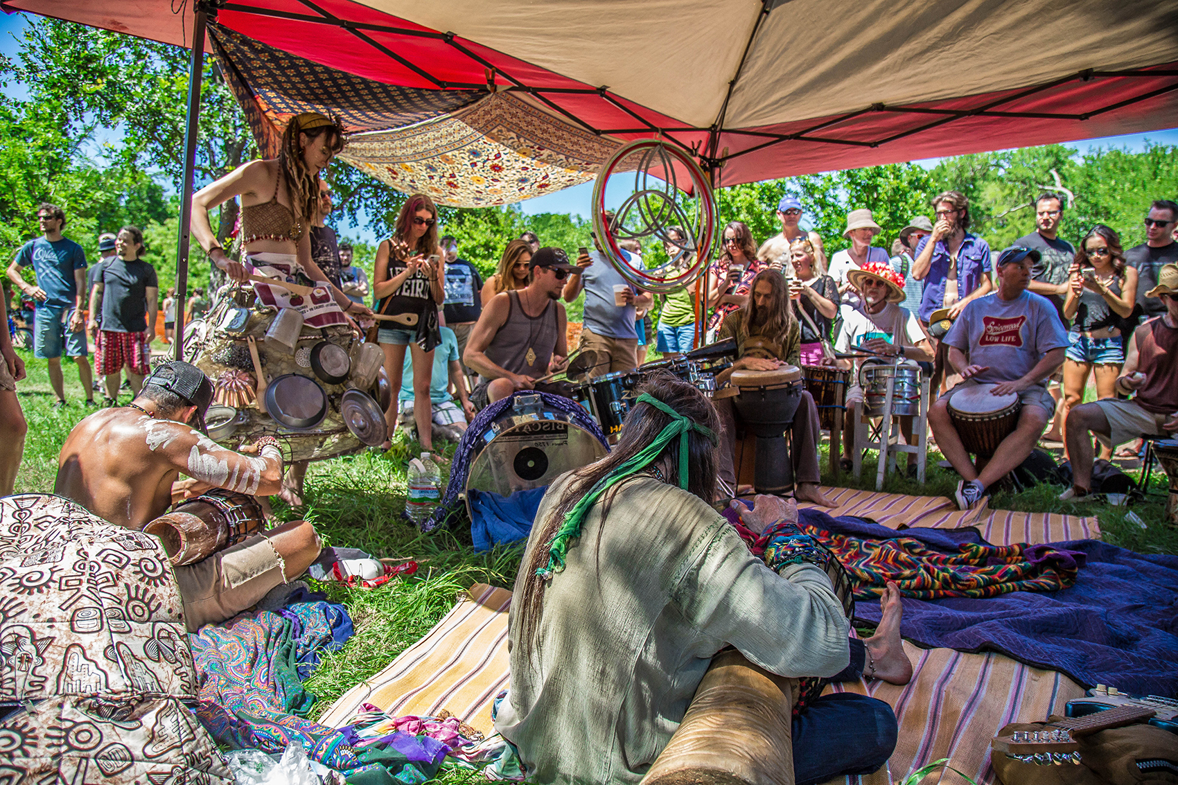 Drum Circle at Eeyore' Party Festival in Pease Park, Austin TX.s Birthday